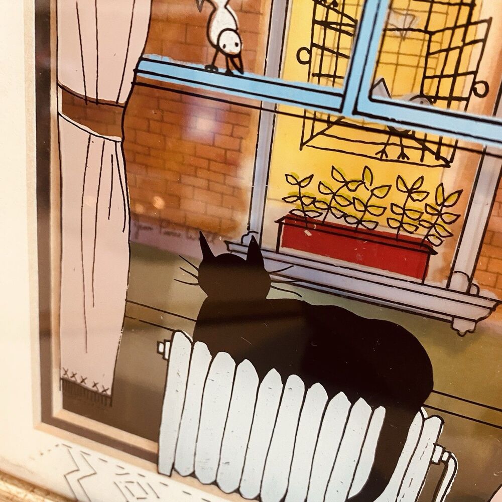 Jean-Pierre Weill 3D Glass Painting "open Birdcage" Shadow Box Cat On Radiator - Picture 2 of 11